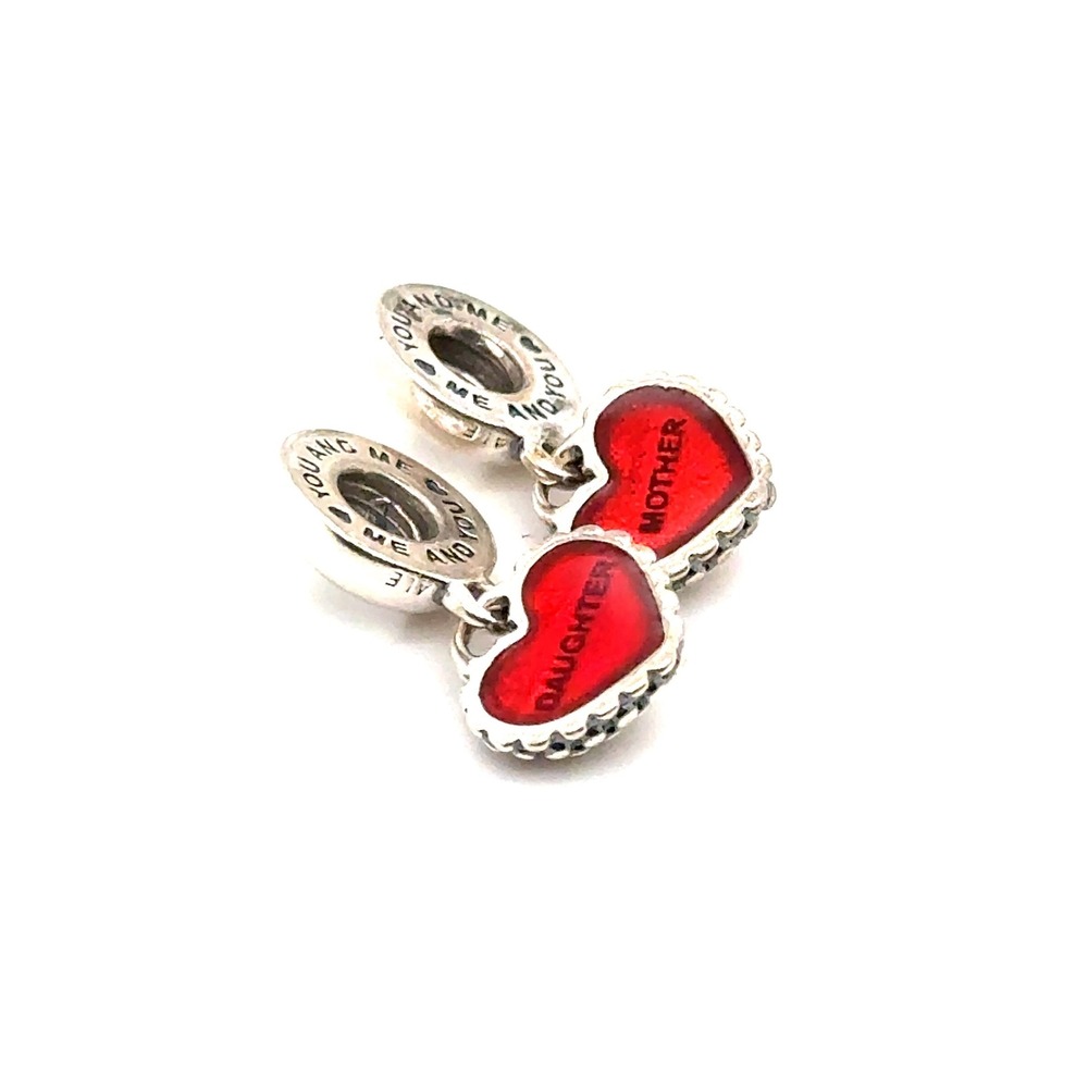 Pandora Mother & Daughter Hearts Red Enamel Dangle Charm Silver 925 792015EN27